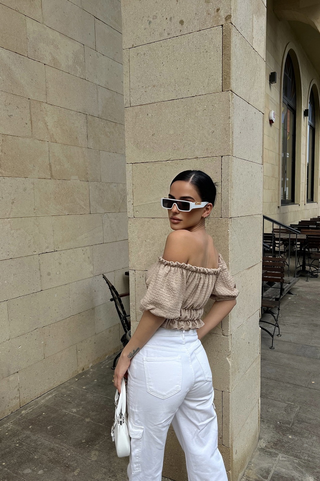 Bej Düşük Kol Crop Top ATE4489