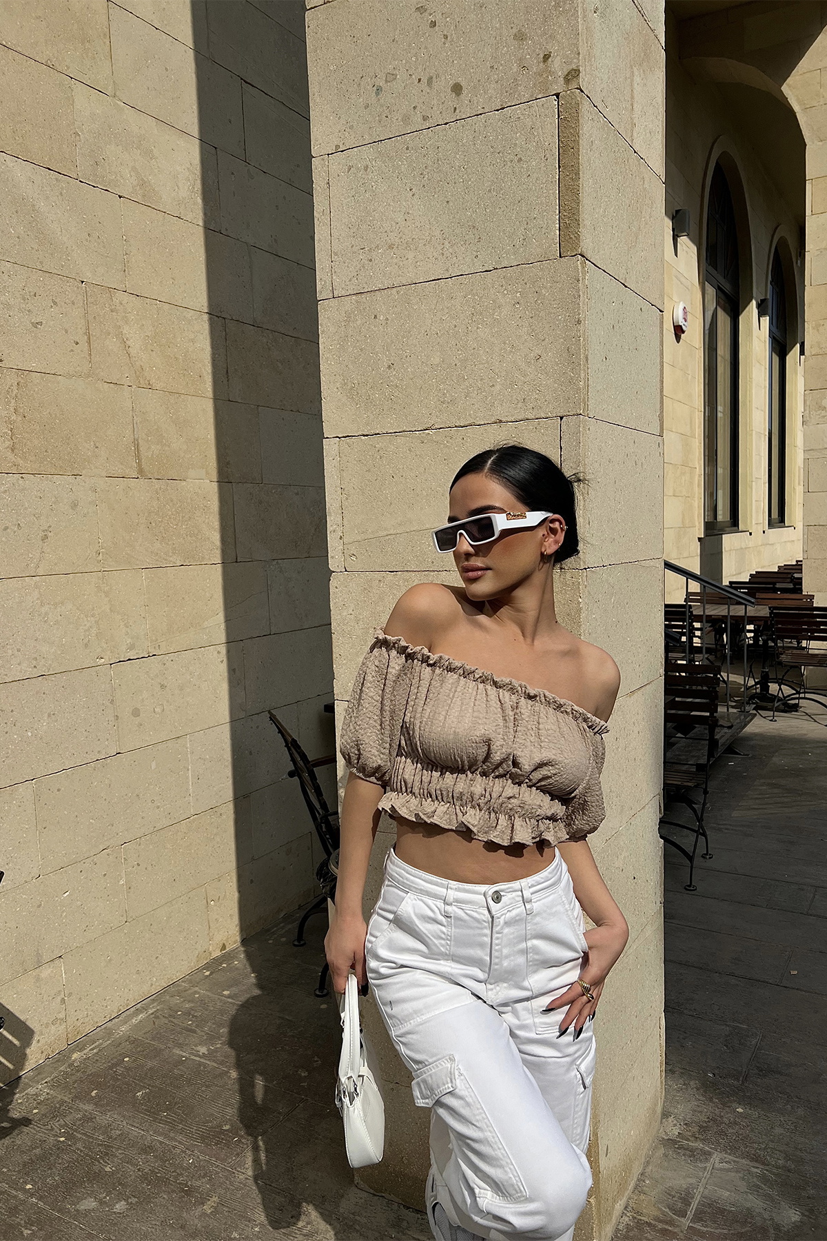 Bej Düşük Kol Crop Top ATE4489 - 1