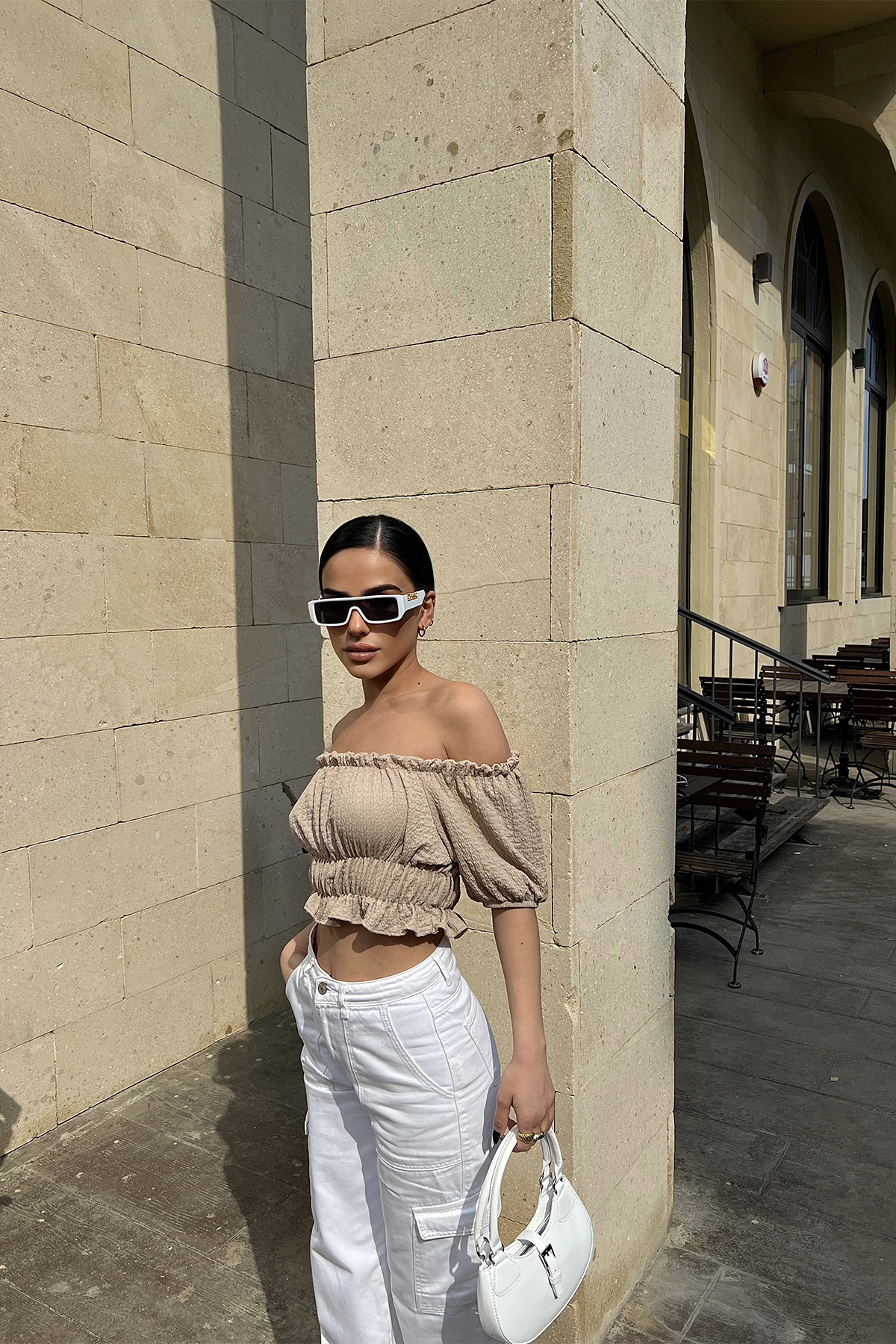 Bej Düşük Kol Crop Top ATE4489 - 5