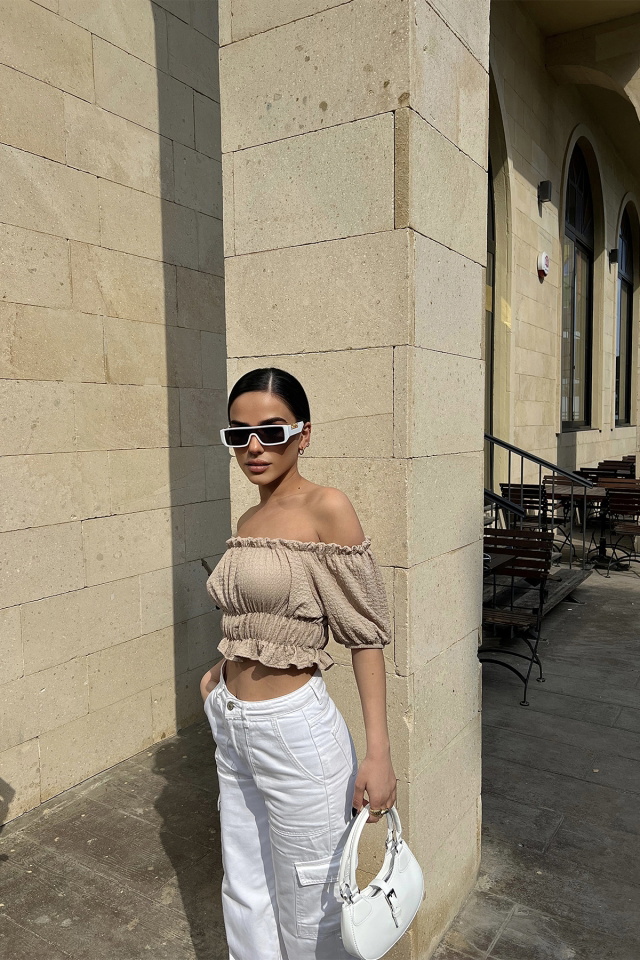 Bej Düşük Kol Crop Top ATE4489