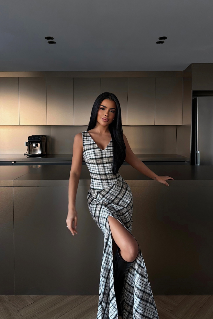 Briar Yırtmaçlı Ekose Uzun Elbise ATE-4232 - EYYO