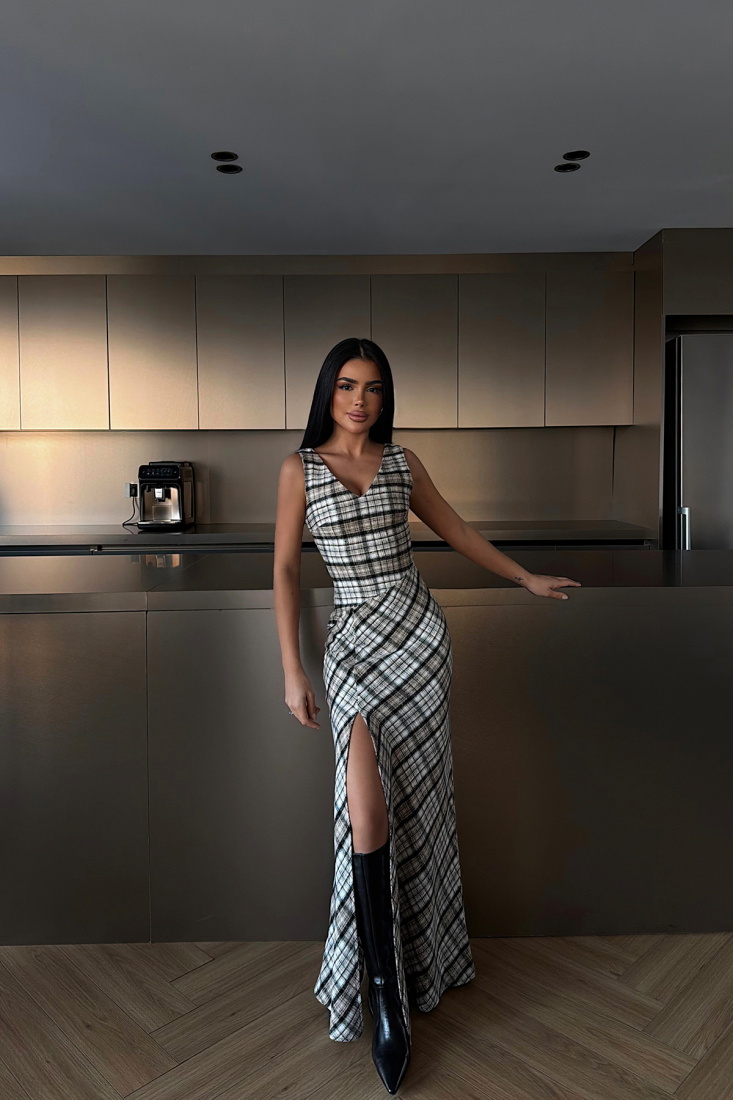 Briar Yırtmaçlı Ekose Uzun Elbise ATE-4232 - EYYO