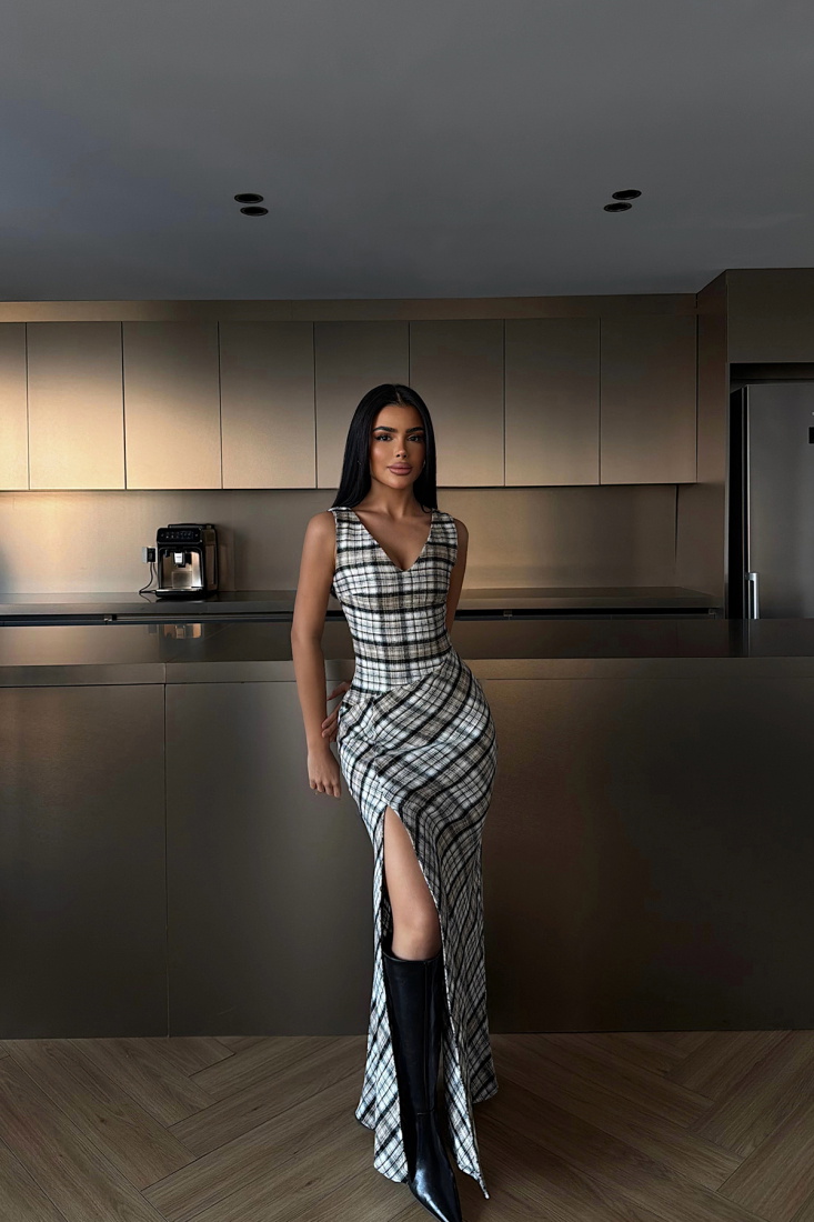 Briar Yırtmaçlı Ekose Uzun Elbise ATE-4232 - EYYO