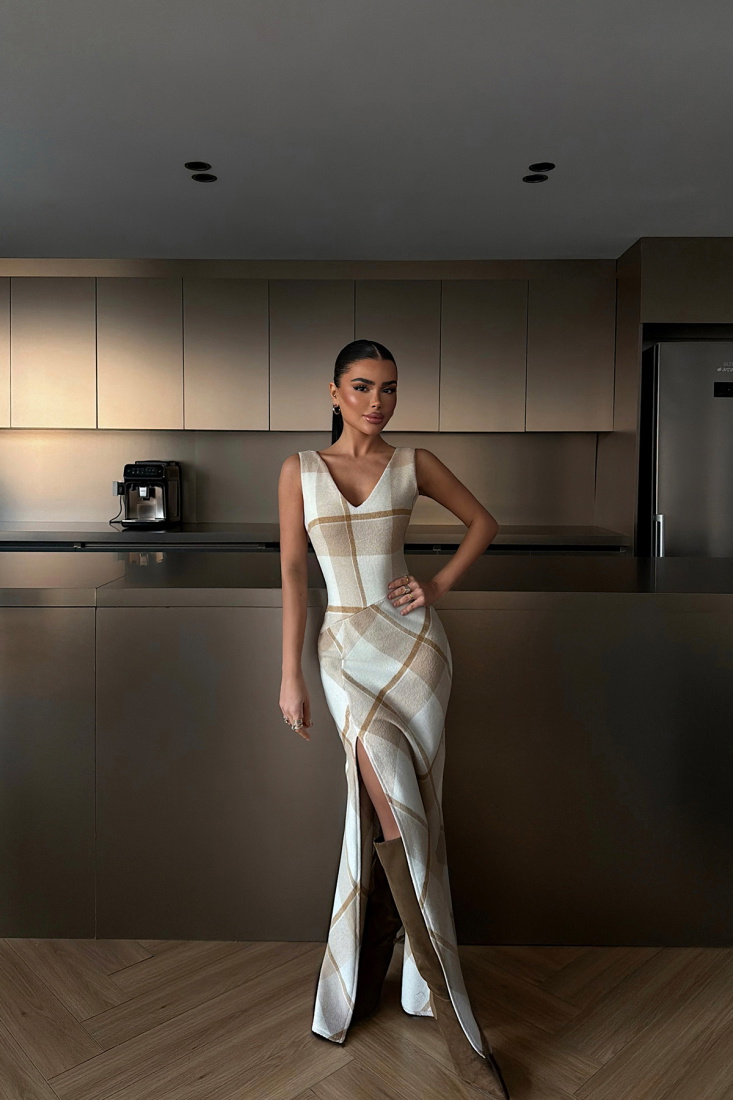 Briar Yırtmaçlı Ekose Uzun Elbise ATE-4222 - EYYO