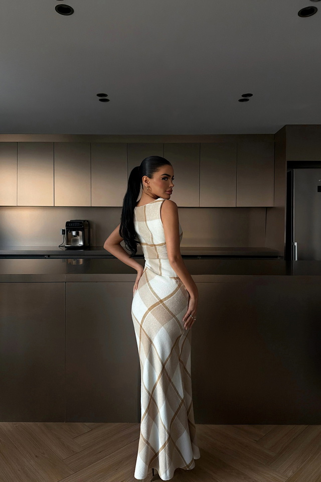 Briar Yırtmaçlı Ekose Uzun Elbise ATE-4222 - 4