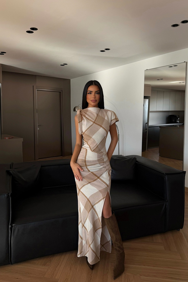 Bej Aveline Desenli Yırtmaçlı Uzun Elbise ATE-4218 