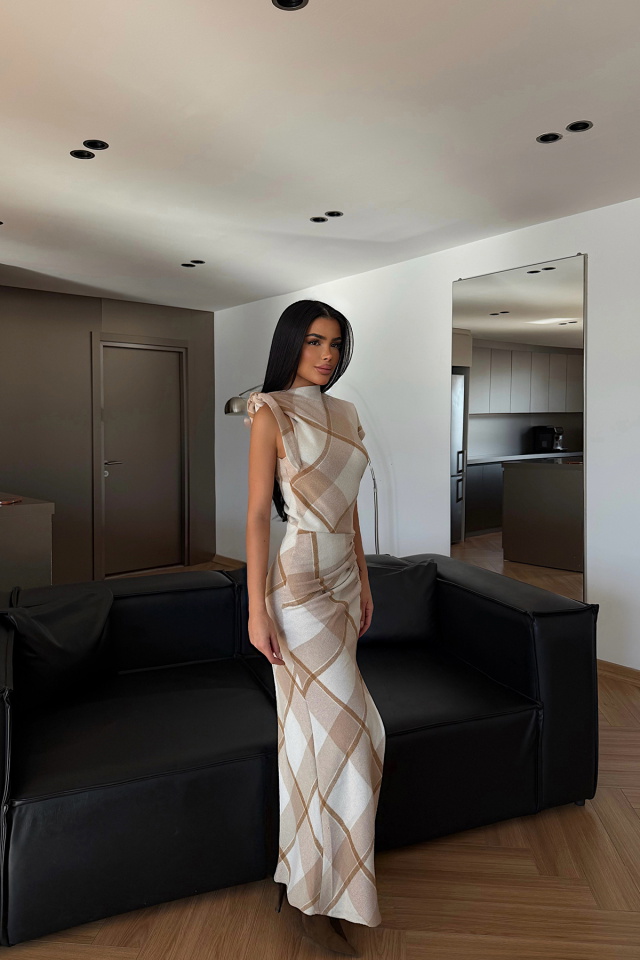 Bej Aveline Desenli Yırtmaçlı Uzun Elbise ATE-4218 - 3