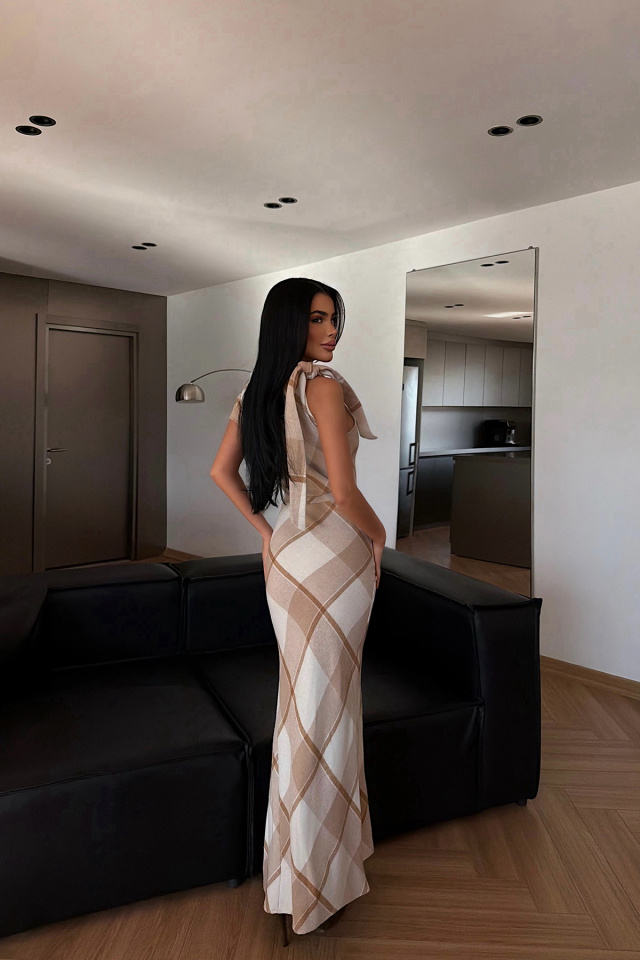 Bej Aveline Desenli Yırtmaçlı Uzun Elbise ATE-4218 - 4