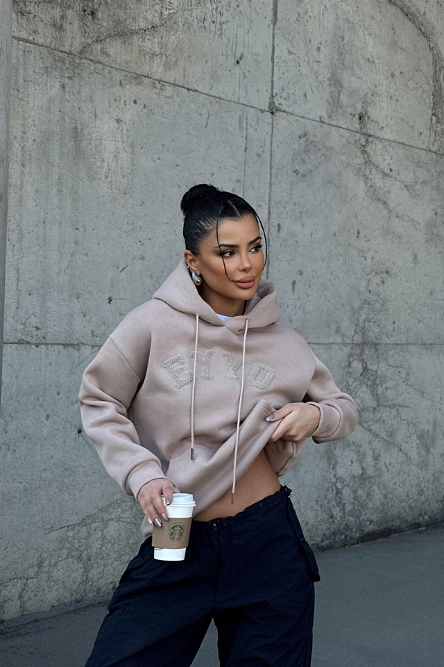 Bej Eyyo Nakışlı Kapşonlu Sweat ATE-0798 