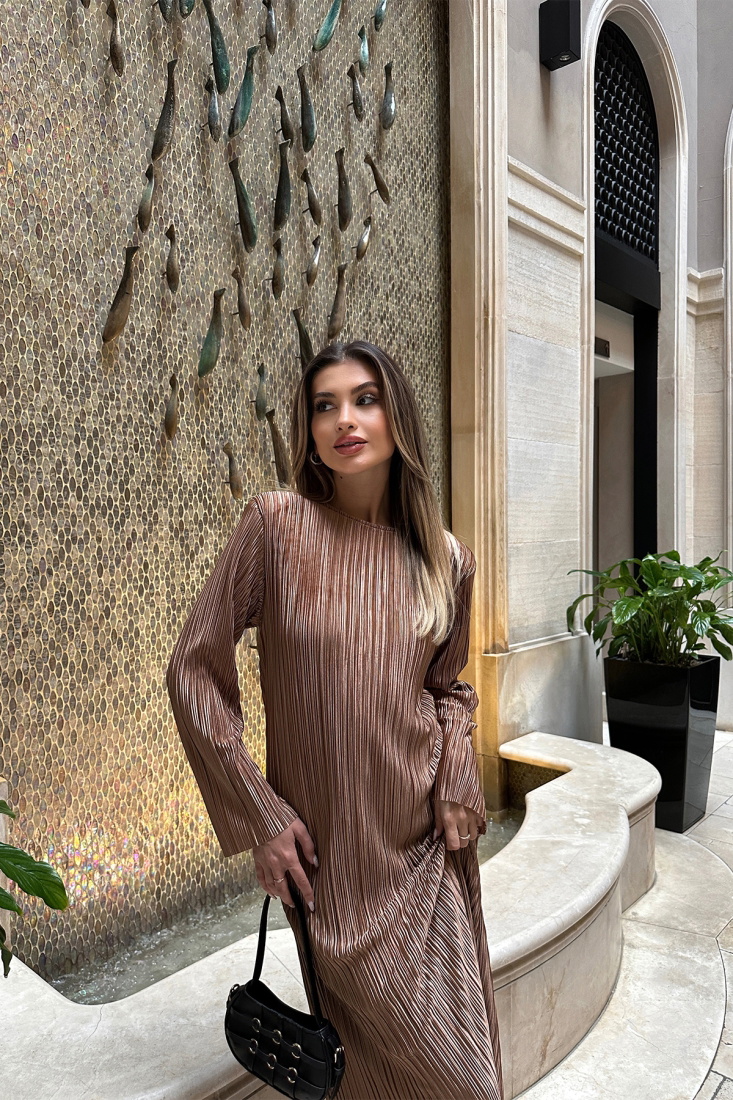 Bej Fitilli Uzun Elbise ATE5216 - EYYO