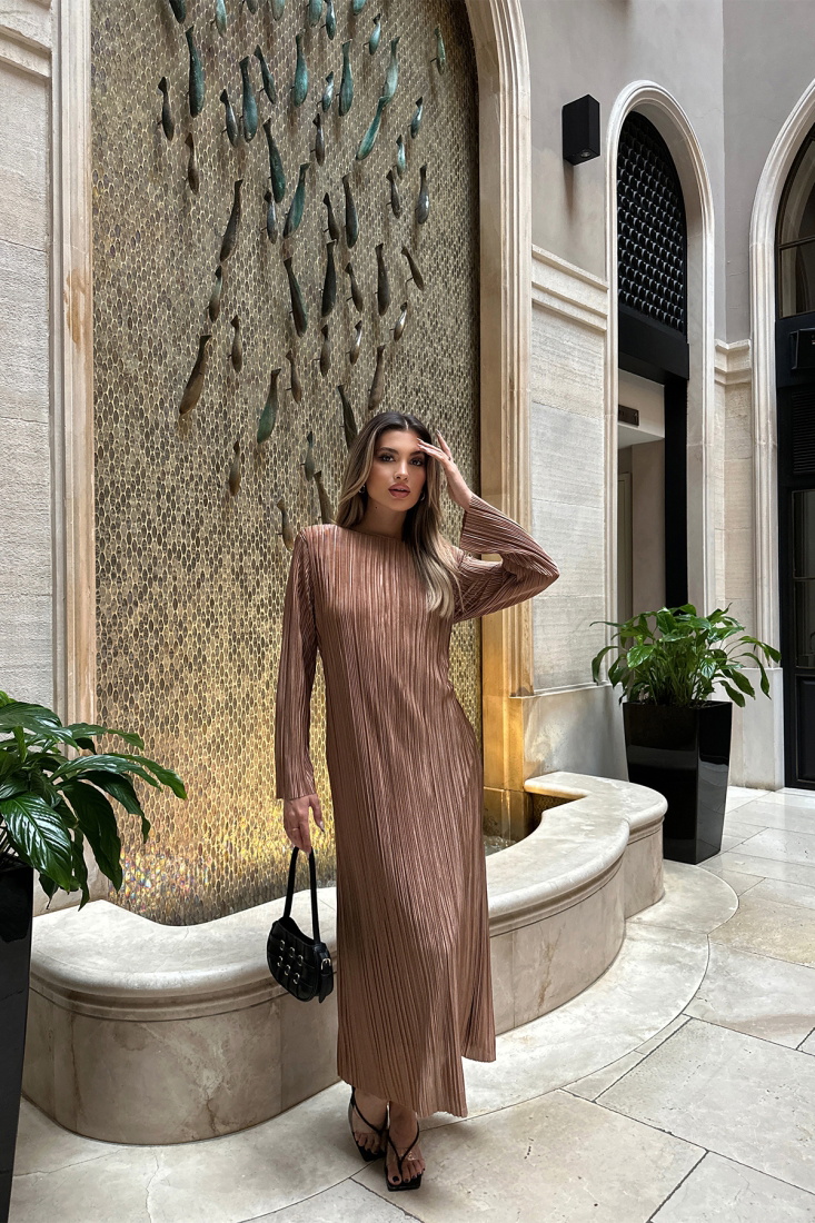 Bej Fitilli Uzun Elbise ATE5216 - EYYO