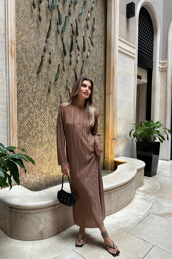 Bej Fitilli Uzun Elbise ATE5216 - EYYO