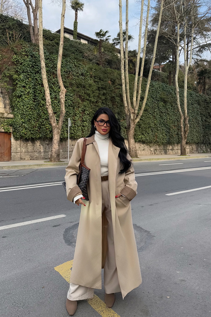Bej Gömlek Yaka Uzun Trenckot ATE-2036 - EYYO