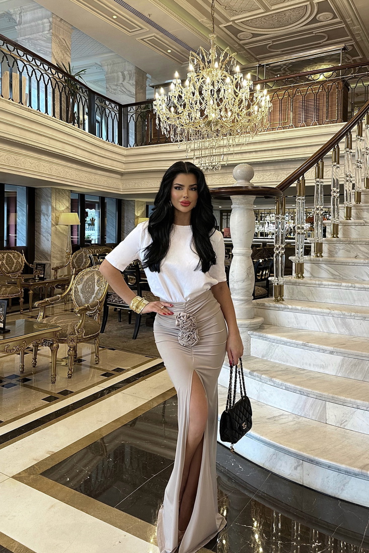 Bej Warda Yırtmaçlı Uzun Etek ATE-0850 - EYYO