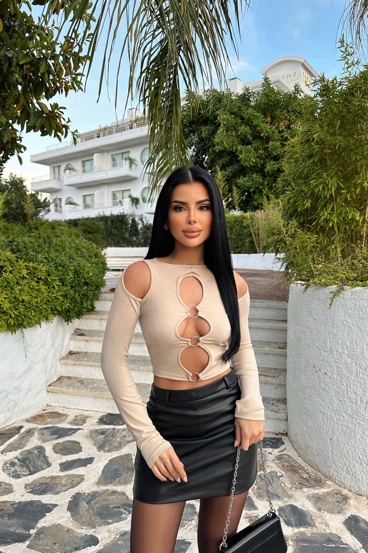 Bej Halka Detay Uzun Kol Crop Top ATE8670 - EYYO