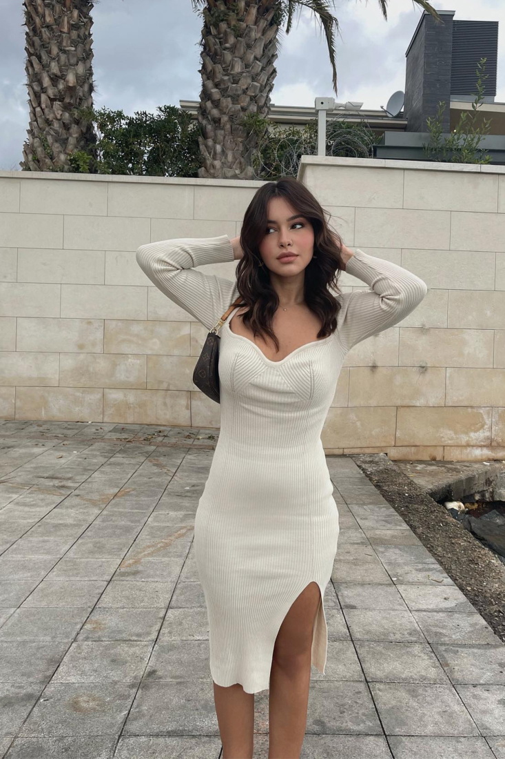 Bej Kalp Yaka Yırtmaçlı Elbise ATE2089 - DEPPOT