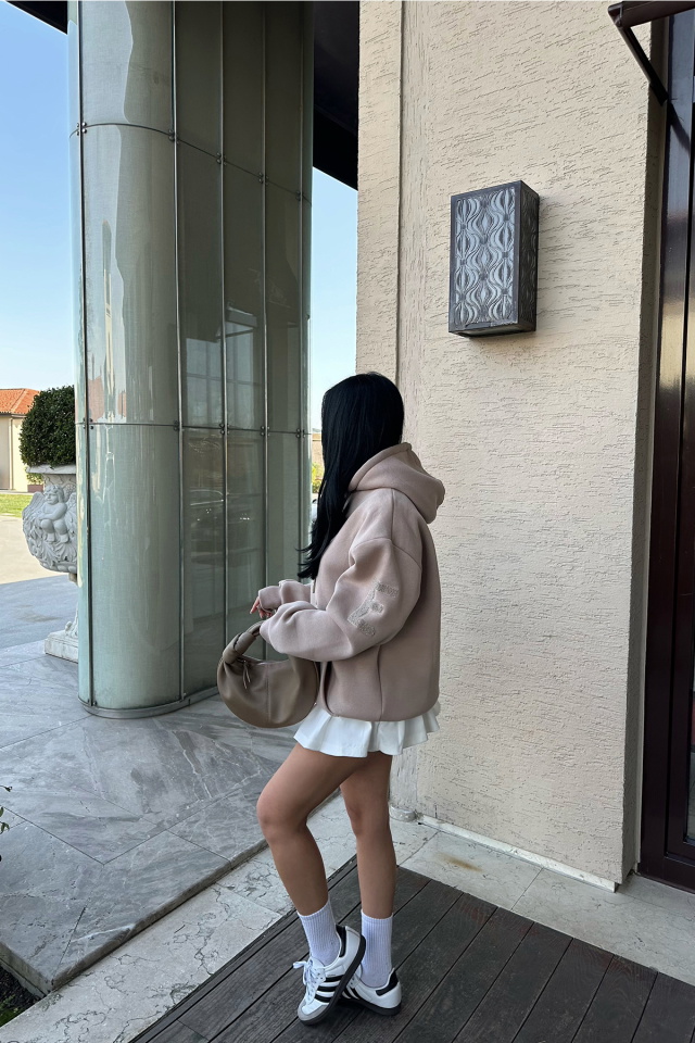 Bej Kapşonlu E Nakışlı Sweat ATE-0751 - 4