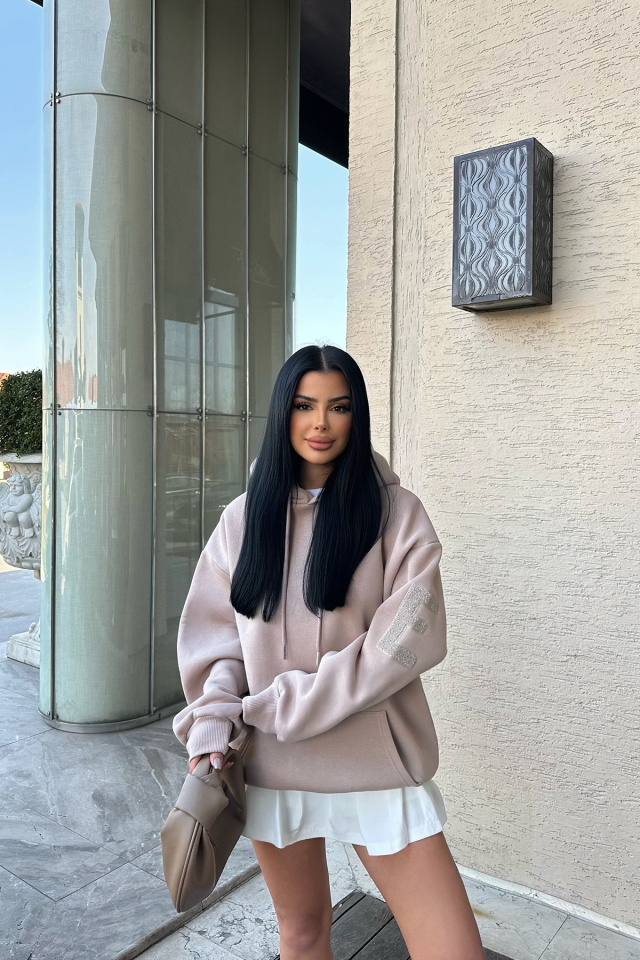 Bej Kapşonlu E Nakışlı Sweat ATE-0751 
