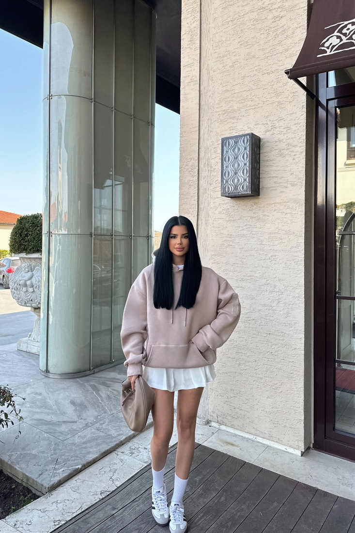 Bej Kapşonlu E Nakışlı Sweat ATE-0751 - EYYO