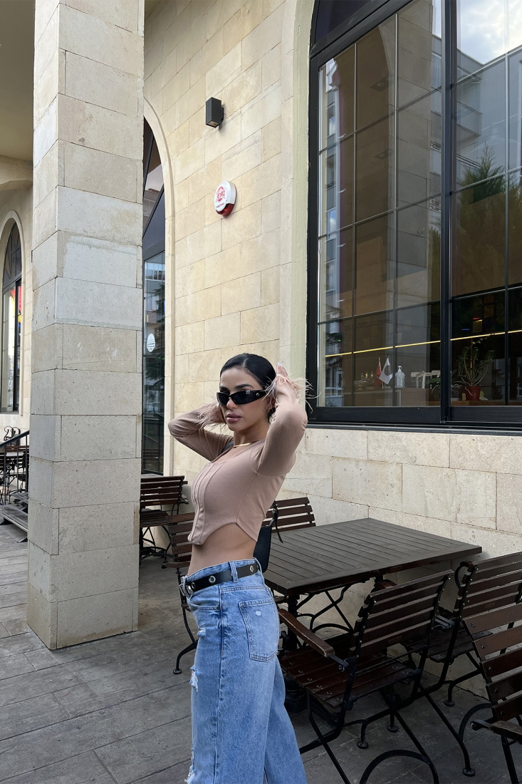 Bej Kare Yaka Crop Top ATE3692 - EYYO