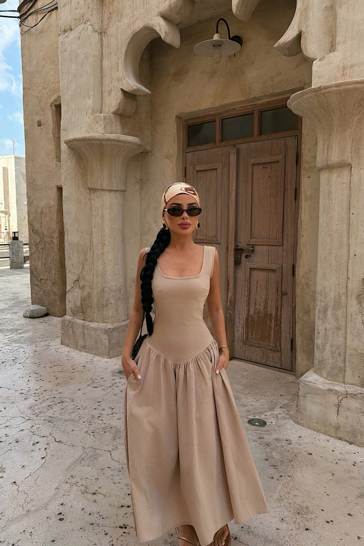Bej Clemmie Keten Elbise ATE-4750 - EYYO