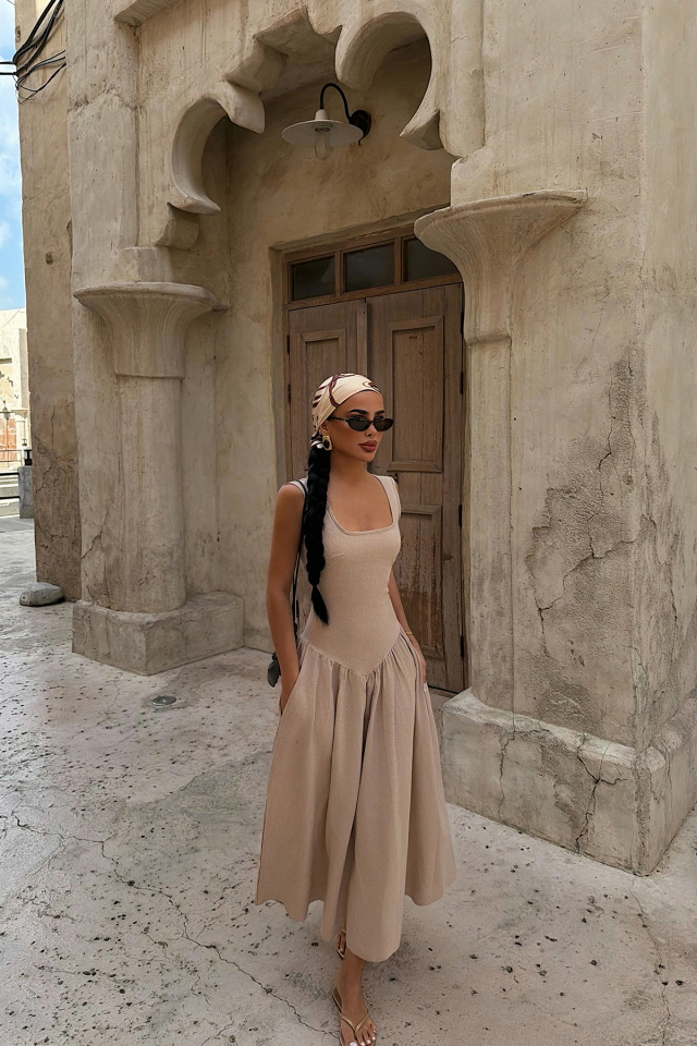 Bej Clemmie Keten Elbise ATE-4750 - 1