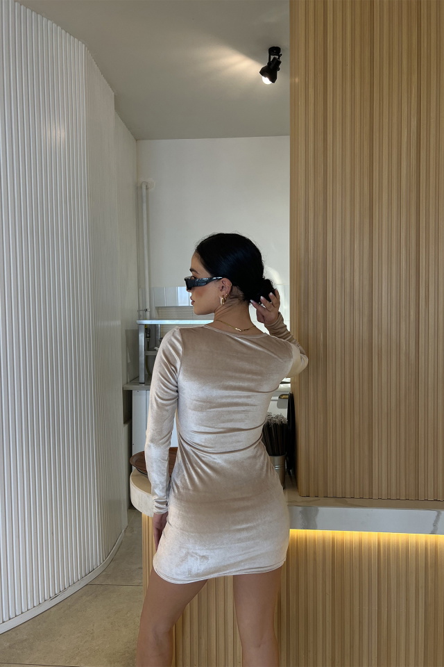 Bej kare Yaka Yırtmaç Detay Elbise ATE2875 - 4