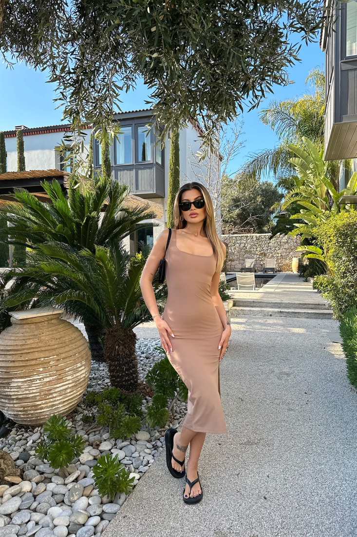 Bej Kare Yaka Yırtmaç Detay Elbise ATE5004 - EYYO