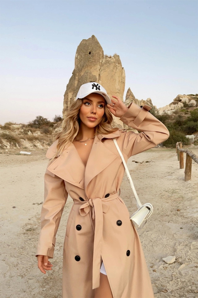 Bej Kolları Kemerli Trenckot ATE-4972 - 2