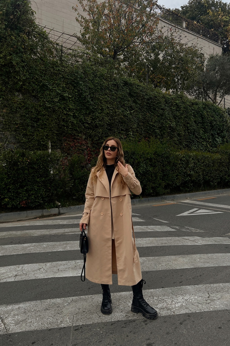 Bej Kolları Kemerli Trenckot ATE2405 - EYYO