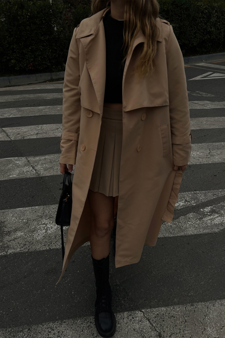 Bej Kolları Kemerli Trenckot ATE2405 - EYYO