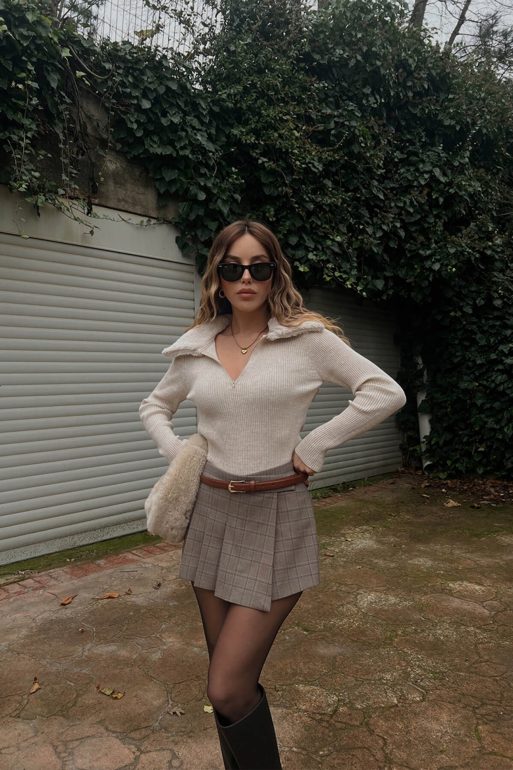 Bej Kürk Detay Triko Kazak ATE3117 - EYYO