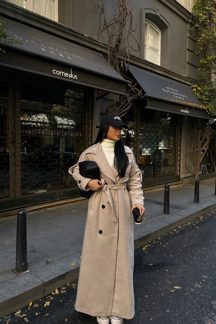 Bej Kuşak Detay Düğmeli Kaban ATE-0749 - EYYO