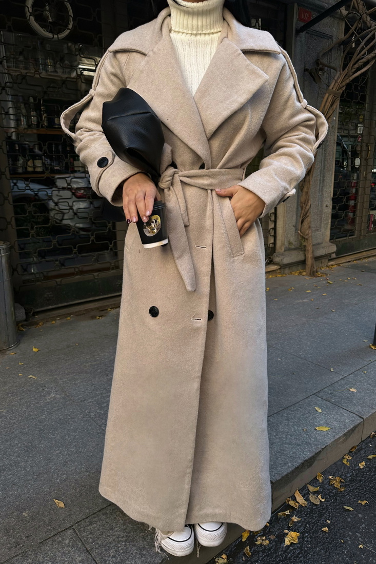 Bej Kuşak Detay Düğmeli Kaban ATE-0749 - EYYO