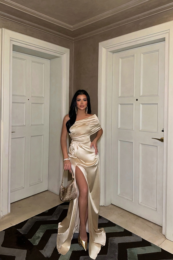 Bej Omuz Detay Abiye Elbise ATEL2409 - EYYO