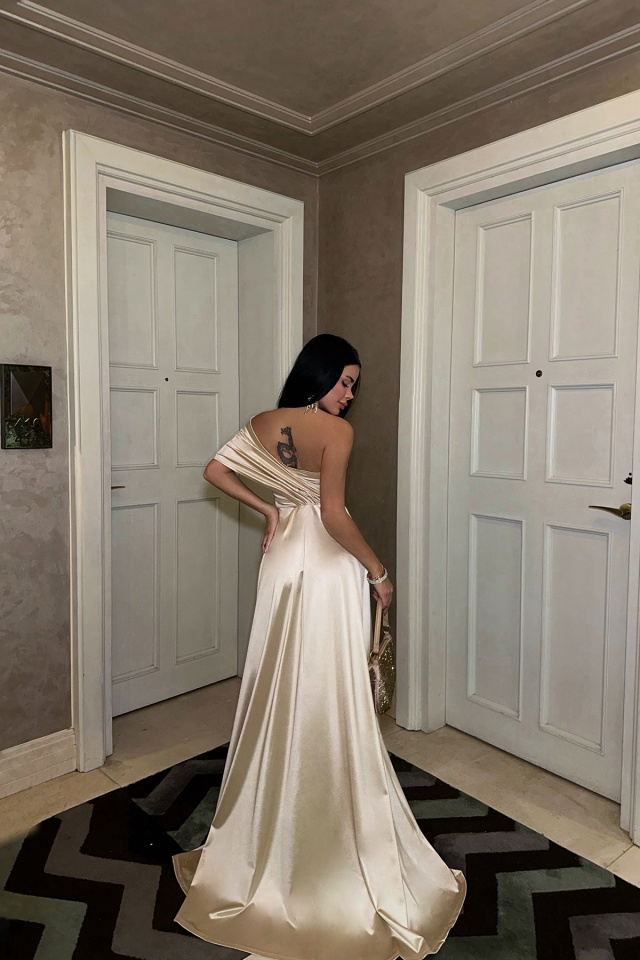 Bej Omuz Detay Abiye Elbise ATEL2409 - 5