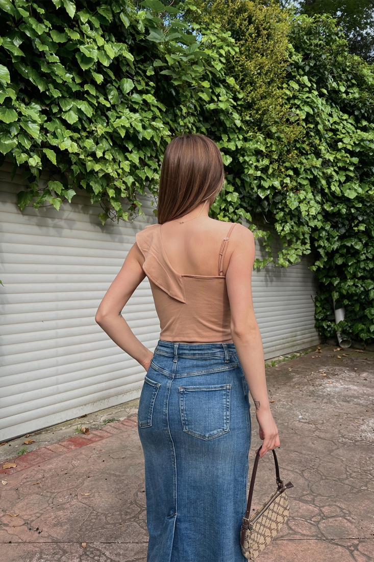 Bej Omuz Detay Crop Top ATE6848 - EYYO