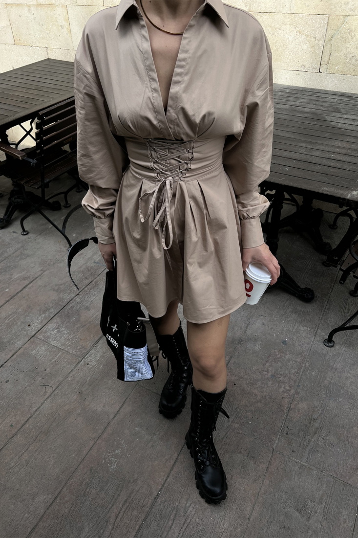 Bej Önden Bağlamalı Mini Elbise ATE4179 - EYYO