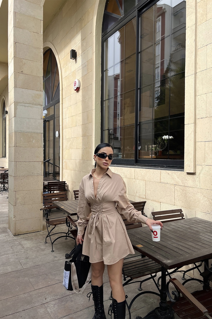 Bej Önden Bağlamalı Mini Elbise ATE4179 - EYYO