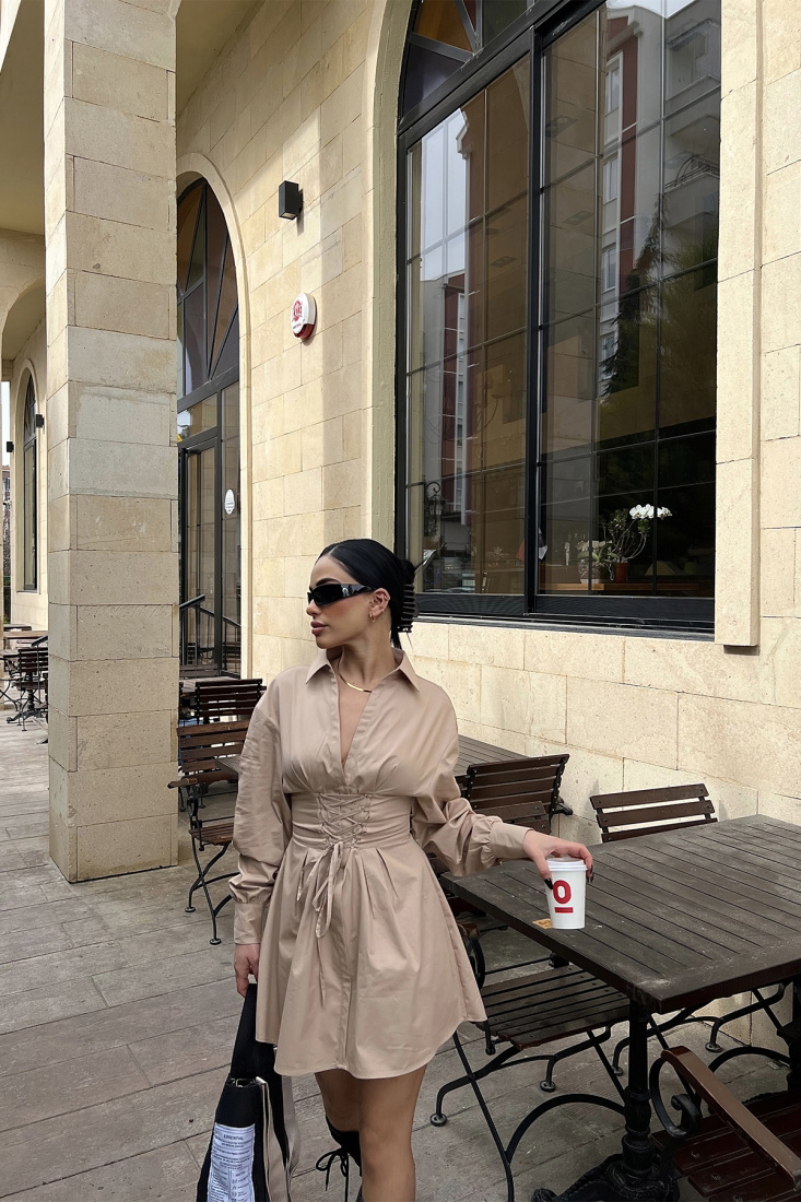 Bej Önden Bağlamalı Mini Elbise ATE4179 - EYYO