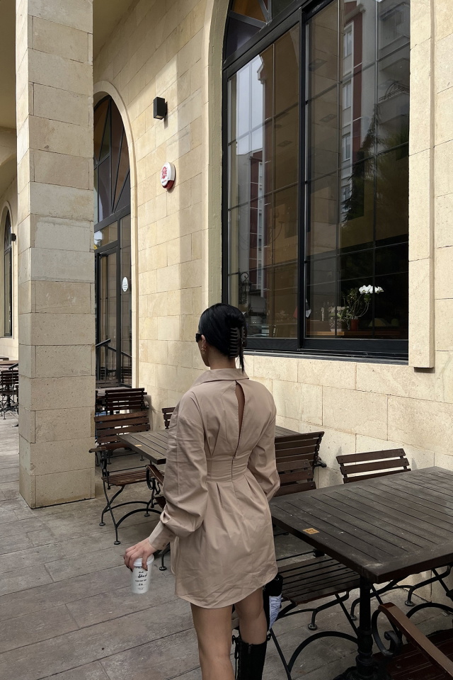 Bej Önden Bağlamalı Mini Elbise ATE4179 - 4