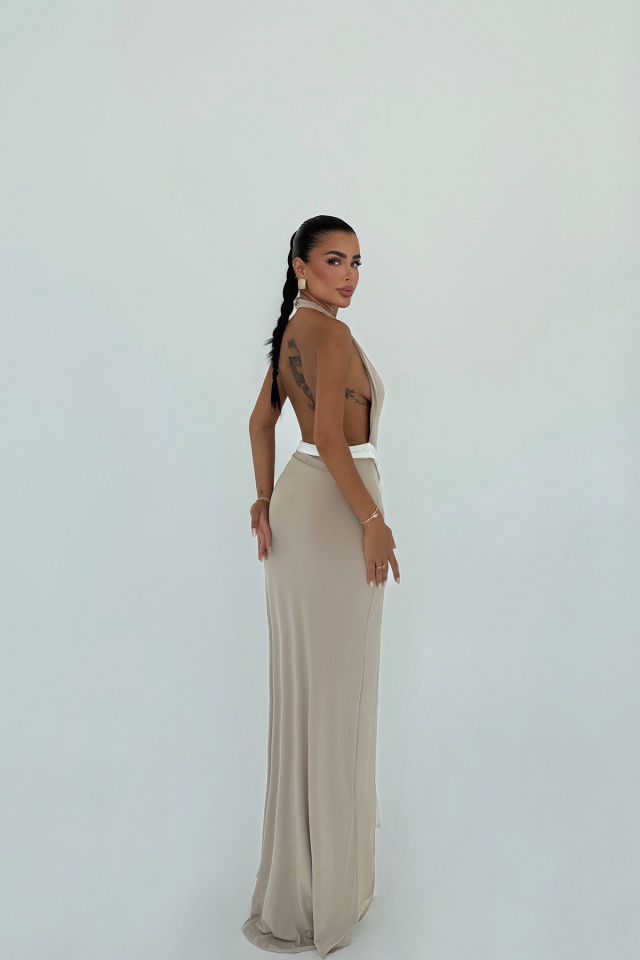 Bej Giselle Fiyonk Detaylı Yırtmaçlı Elbise ATE-3022 - 3