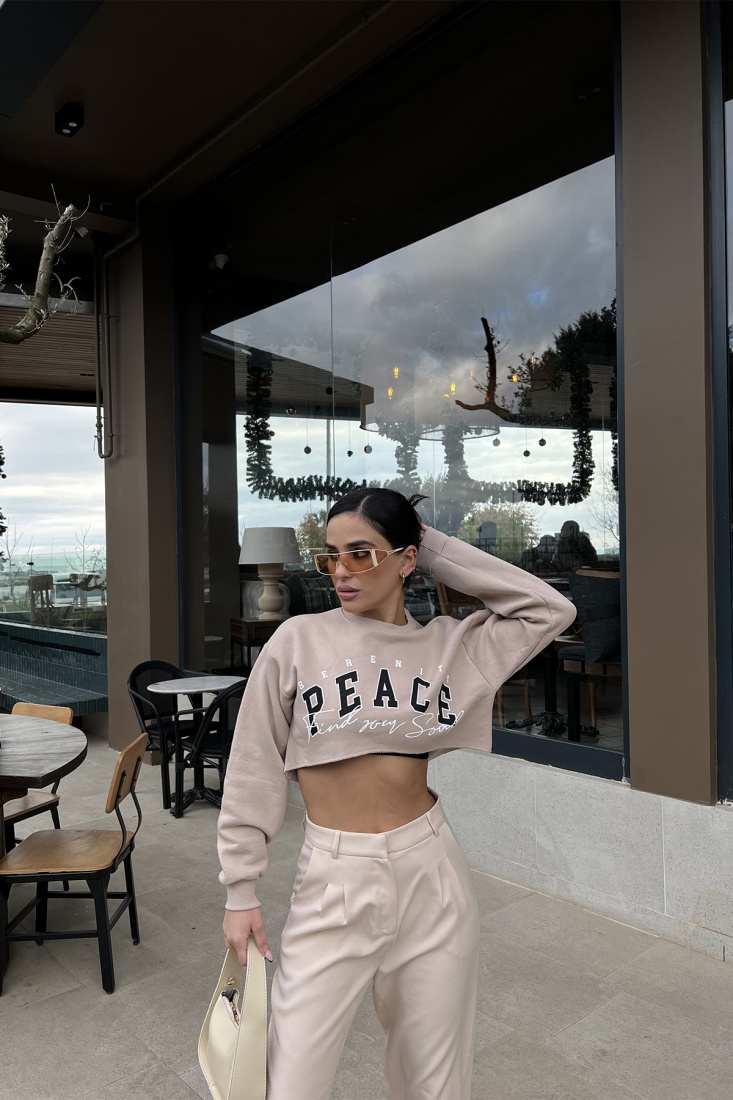 Bej Önü Baskılı Crop Top ATE3371 - EYYO