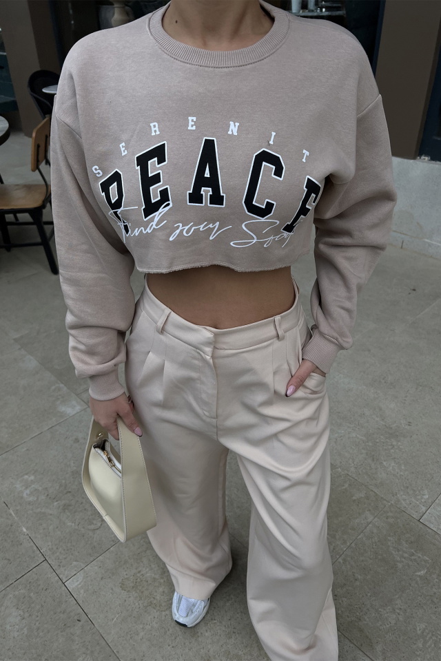 Bej Önü Baskılı Crop Top