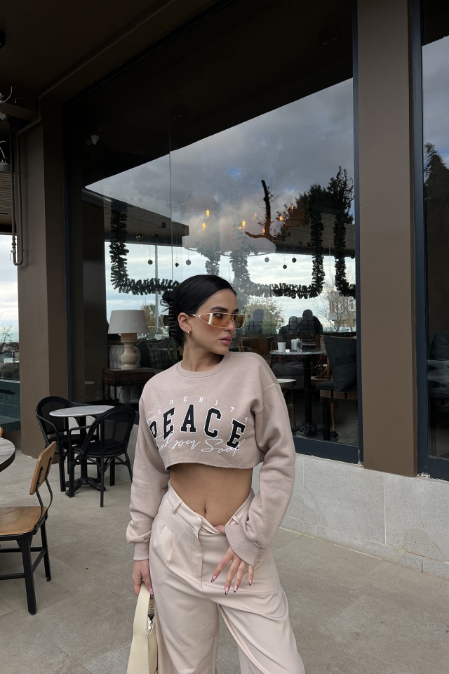 Bej Önü Baskılı Crop Top