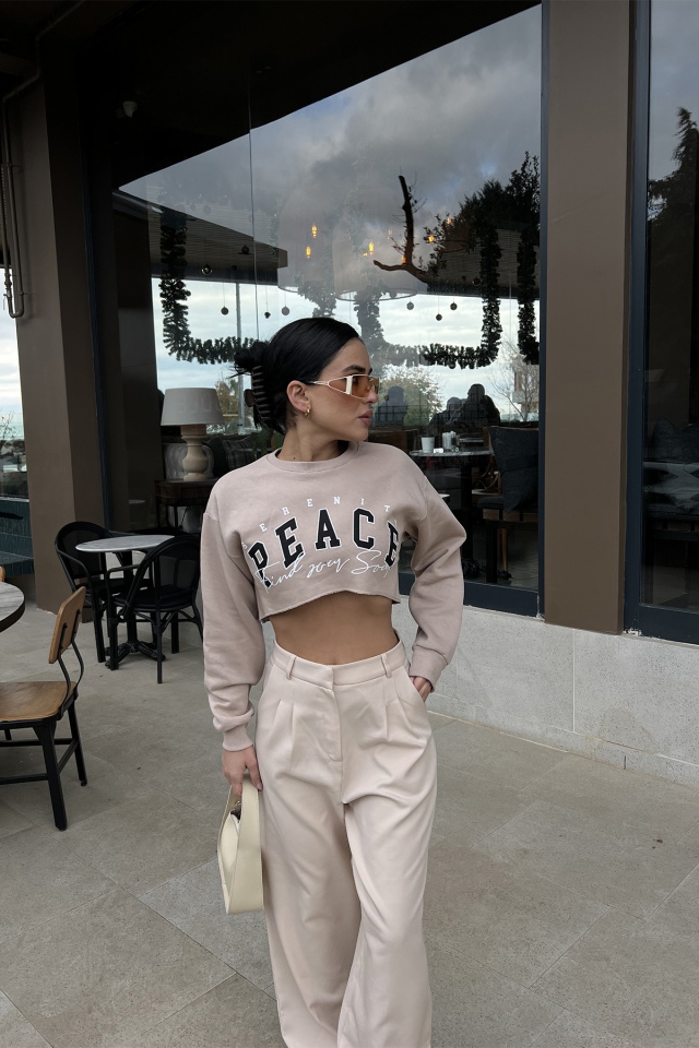 Bej Önü Baskılı Crop Top