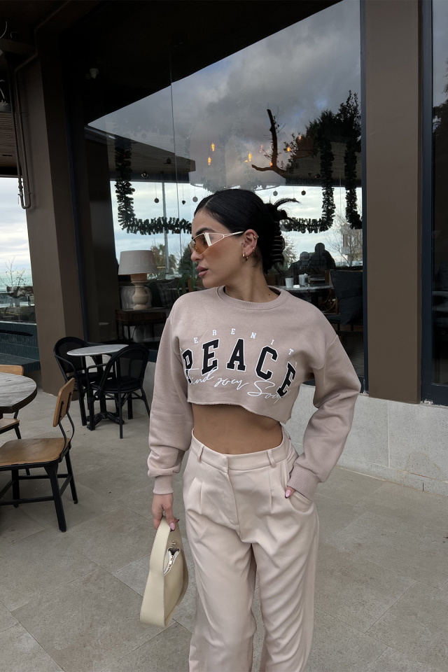 Bej Önü Baskılı Crop Top