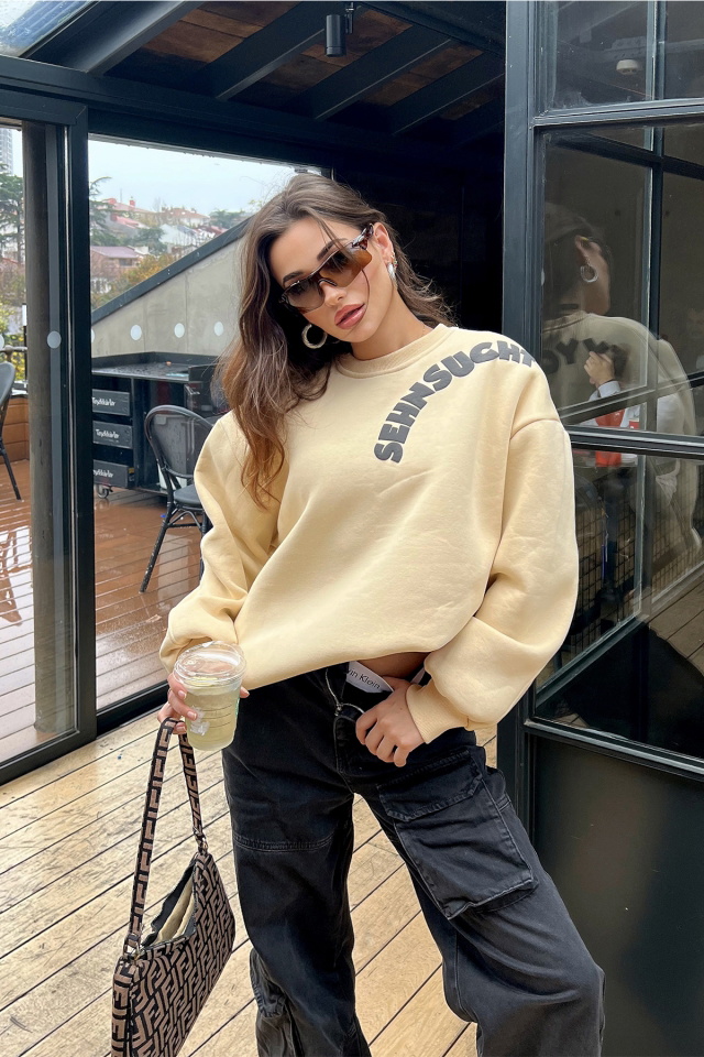 Bej Oversize Yazılı Sweat ATE3064 