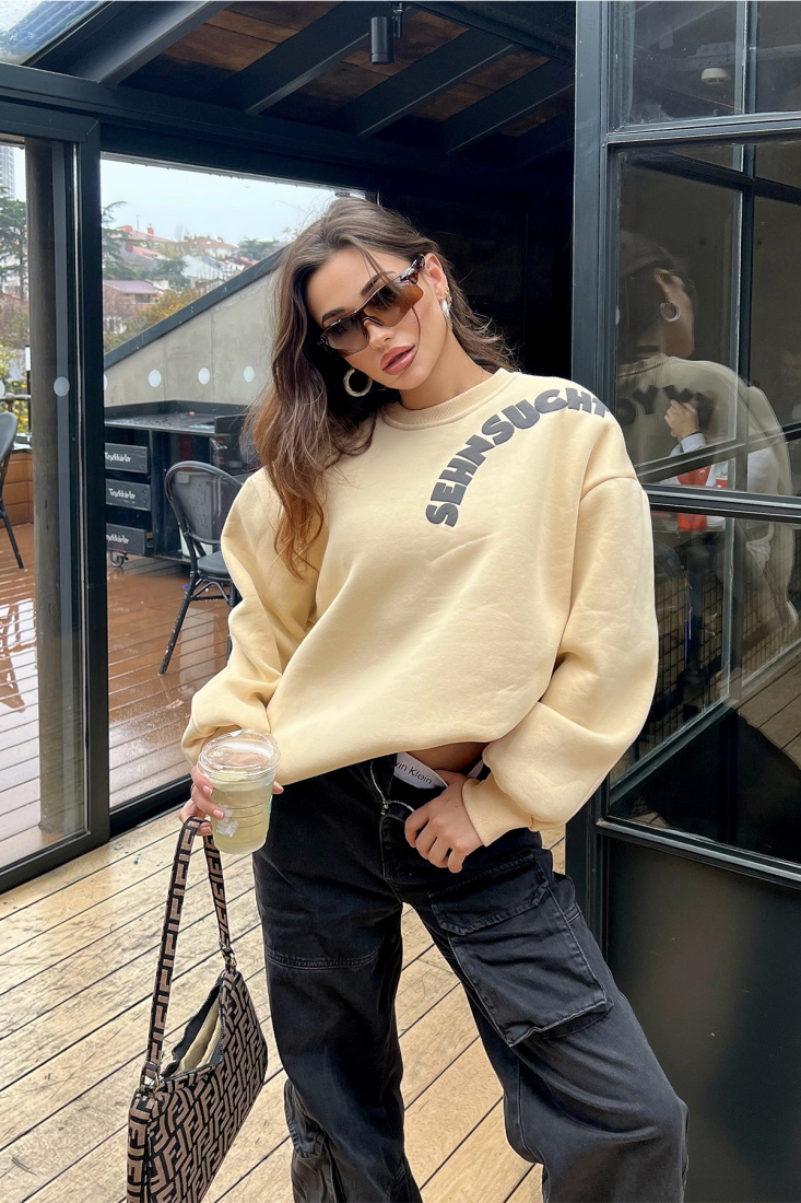 Bej Oversize Yazılı Sweat ATE3064 - EYYO