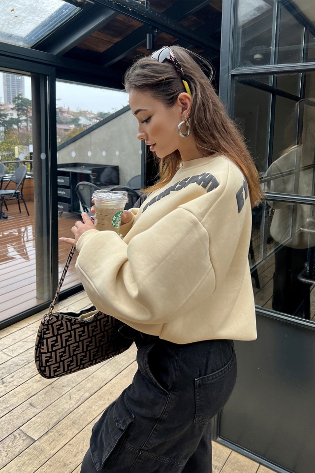 Bej Oversize Yazılı Sweat ATE3064 - 5